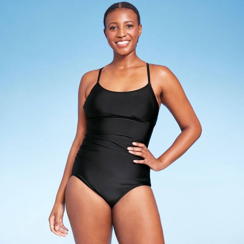 Women's Full Coverage Shirred Front One Piece Swimsuit - Kona Sol Black M 1  ct
