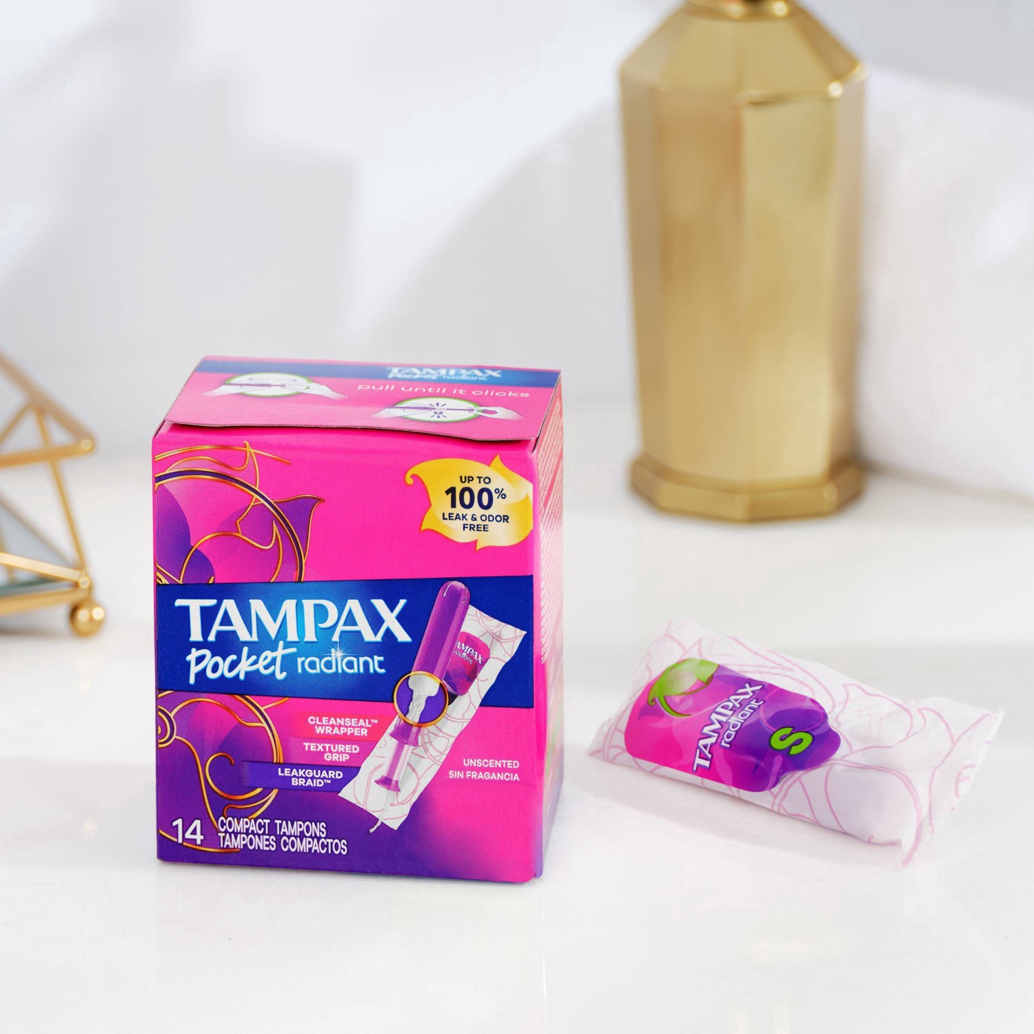 slide 69 of 94, Tampax Pocket Radiant Compact Plastic Tampons, With LeakGuard Braid, Super Absorbency, Unscented, 28 Count, 28 ct