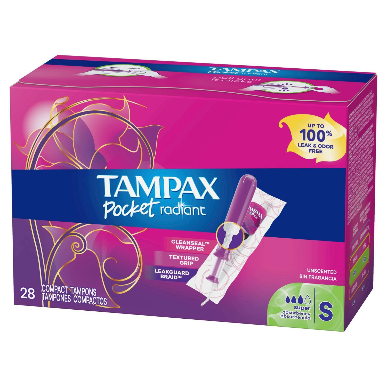slide 41 of 94, Tampax Pocket Radiant Compact Plastic Tampons, With LeakGuard Braid, Super Absorbency, Unscented, 28 Count, 28 ct
