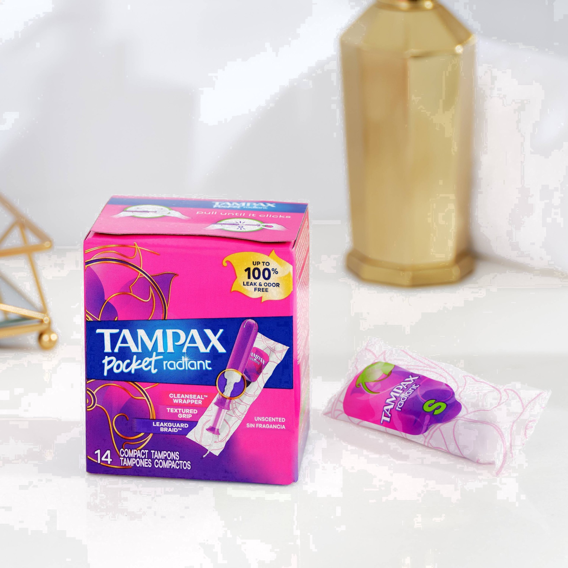slide 10 of 94, Tampax Pocket Radiant Compact Plastic Tampons, With LeakGuard Braid, Super Absorbency, Unscented, 28 Count, 28 ct