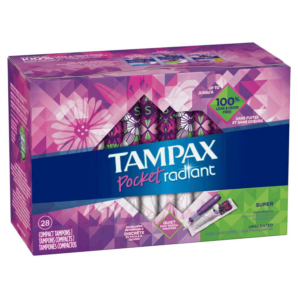 slide 6 of 94, Tampax Pocket Radiant Compact Plastic Tampons, With LeakGuard Braid, Super Absorbency, Unscented, 28 Count, 28 ct