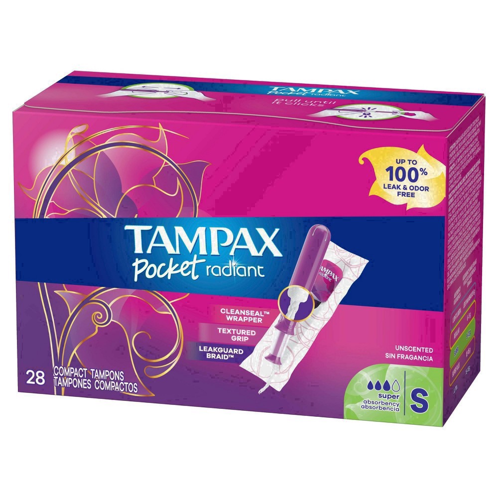 slide 90 of 94, Tampax Pocket Radiant Compact Plastic Tampons, With LeakGuard Braid, Super Absorbency, Unscented, 28 Count, 28 ct