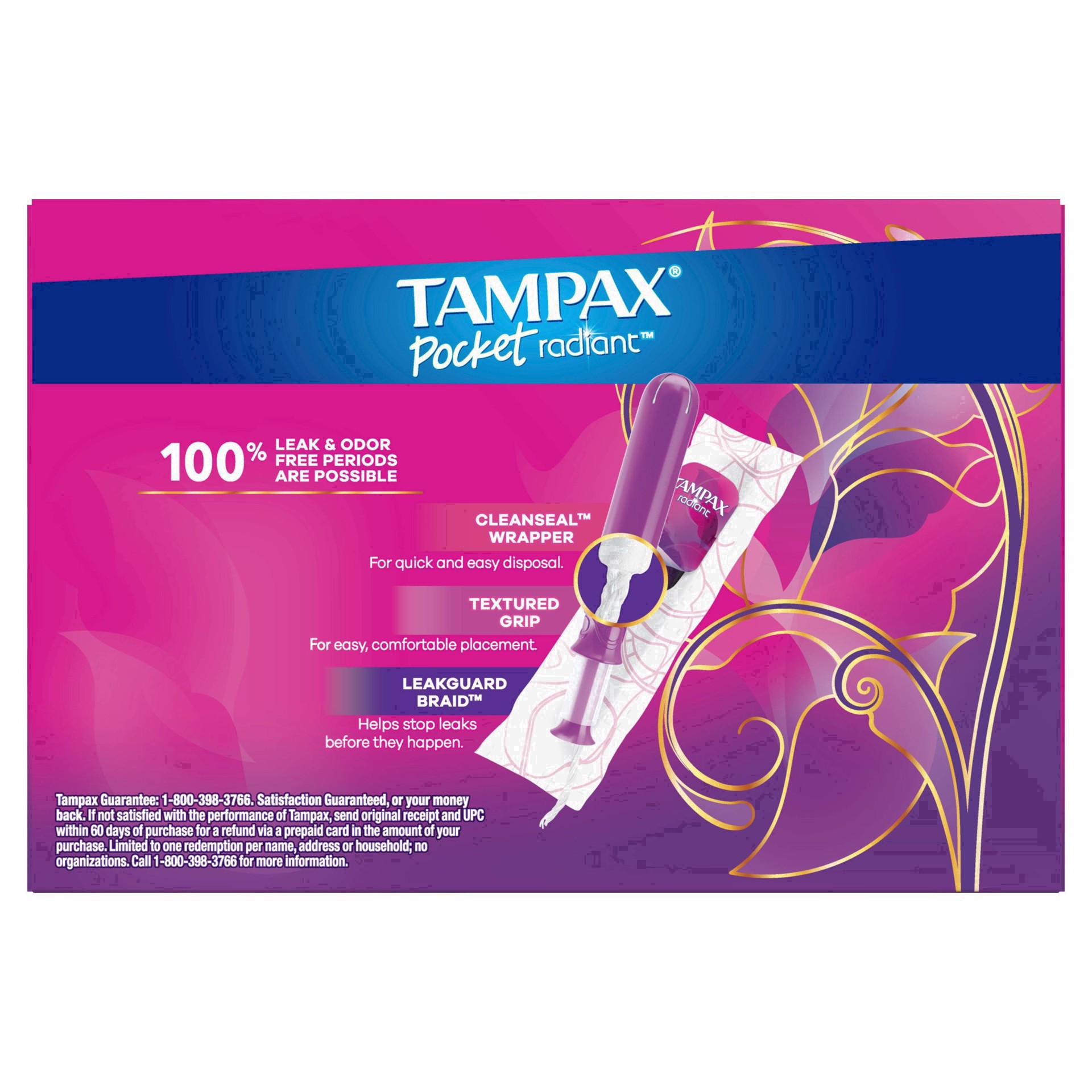 slide 7 of 94, Tampax Pocket Radiant Compact Plastic Tampons, With LeakGuard Braid, Super Absorbency, Unscented, 28 Count, 28 ct