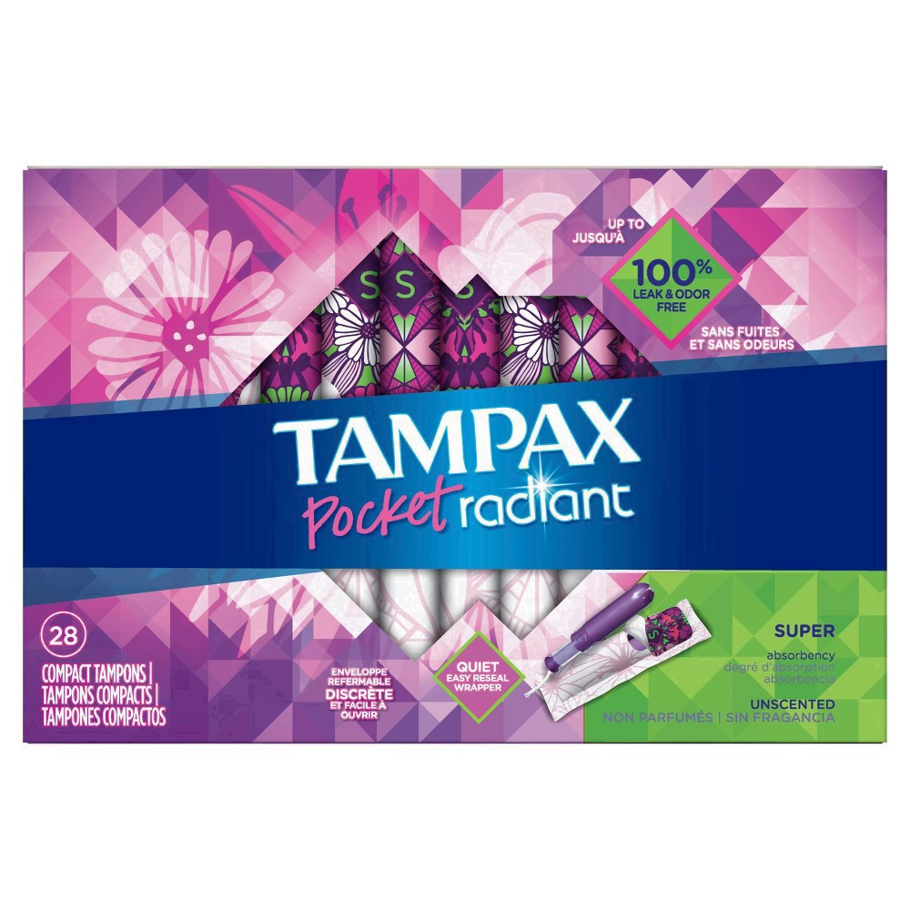 slide 74 of 94, Tampax Pocket Radiant Compact Plastic Tampons, With LeakGuard Braid, Super Absorbency, Unscented, 28 Count, 28 ct