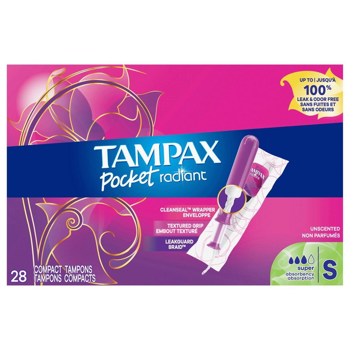 slide 1 of 94, Tampax Pocket Radiant Compact Plastic Tampons, With LeakGuard Braid, Super Absorbency, Unscented, 28 Count, 28 ct