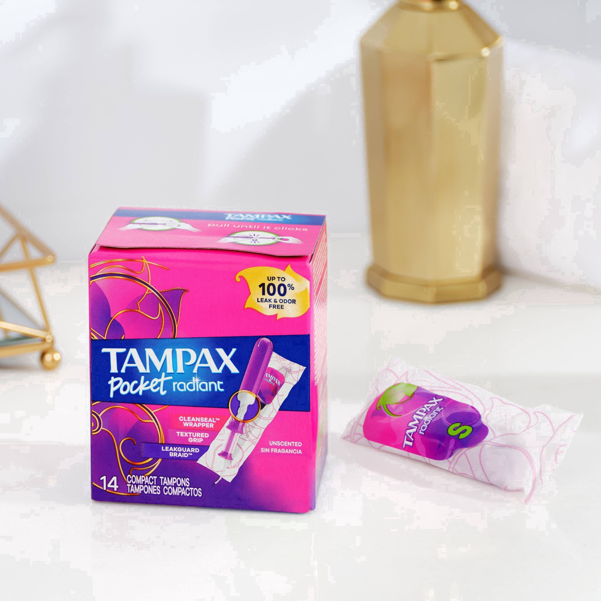 slide 52 of 94, Tampax Pocket Radiant Compact Plastic Tampons, With LeakGuard Braid, Super Absorbency, Unscented, 28 Count, 28 ct
