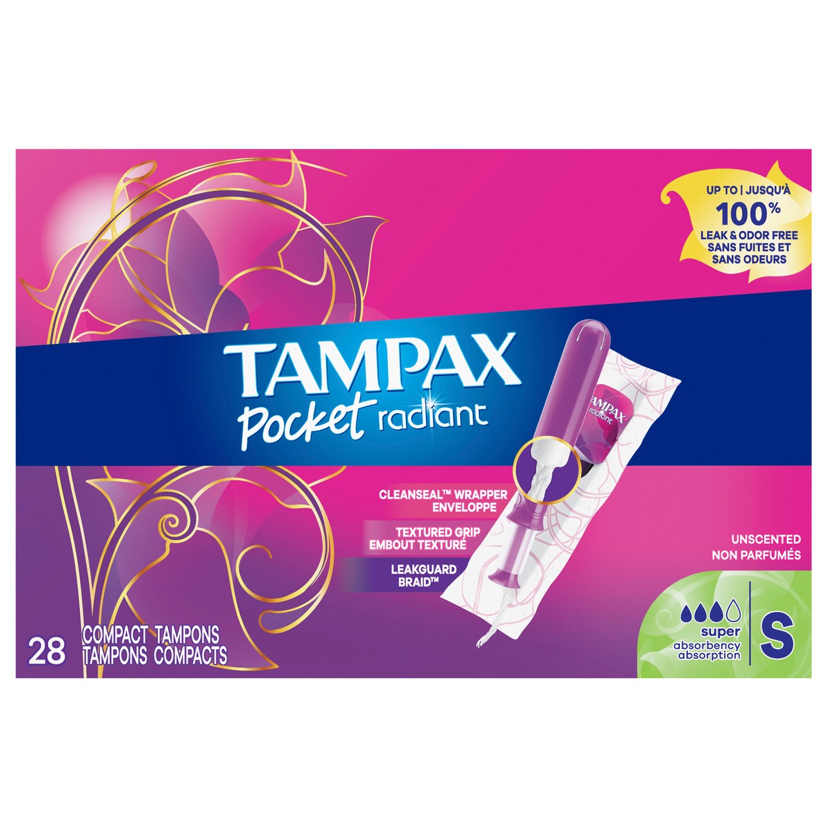 slide 1 of 94, Tampax Pocket Radiant Compact Plastic Tampons, With LeakGuard Braid, Super Absorbency, Unscented, 28 Count, 28 ct