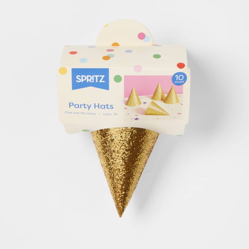 slide 3 of 4, 10ct 5" Glittered Party Hats Gold - Spritz™, 10 ct
