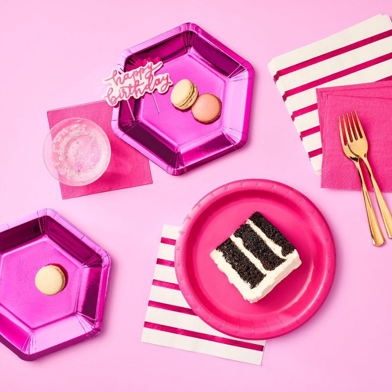 slide 2 of 3, 10ct Hot Pink Metallic Hex Shaped Snack Plates - Spritz™, 10 ct