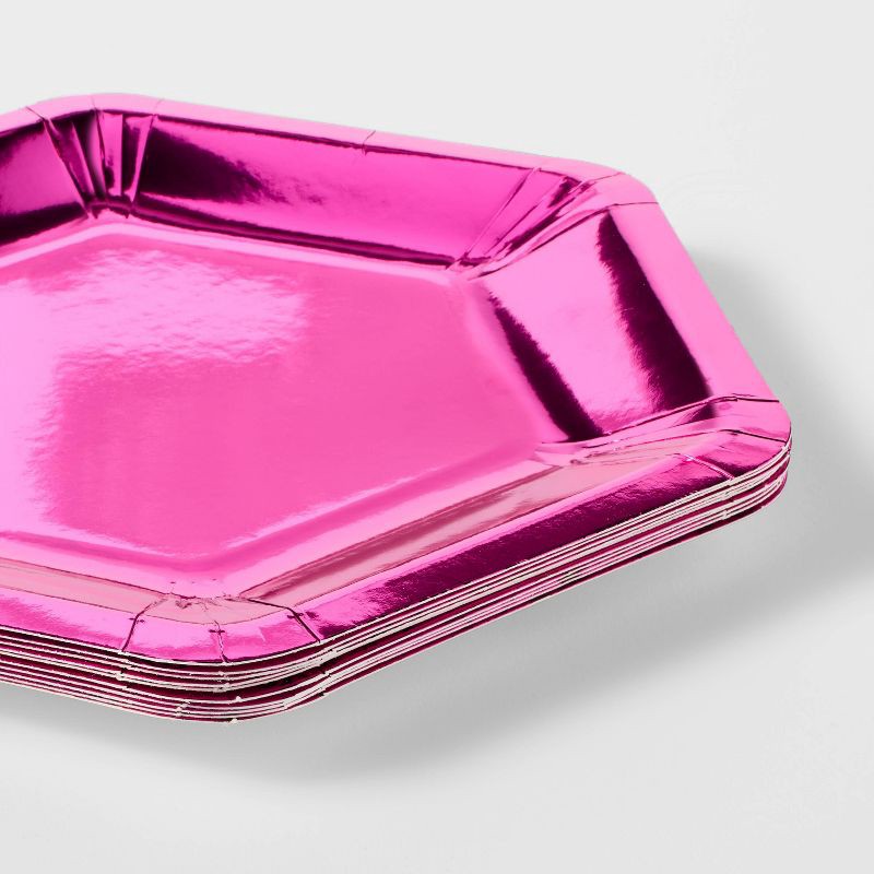 slide 3 of 3, 10ct Hot Pink Metallic Hex Shaped Snack Plates - Spritz™, 10 ct