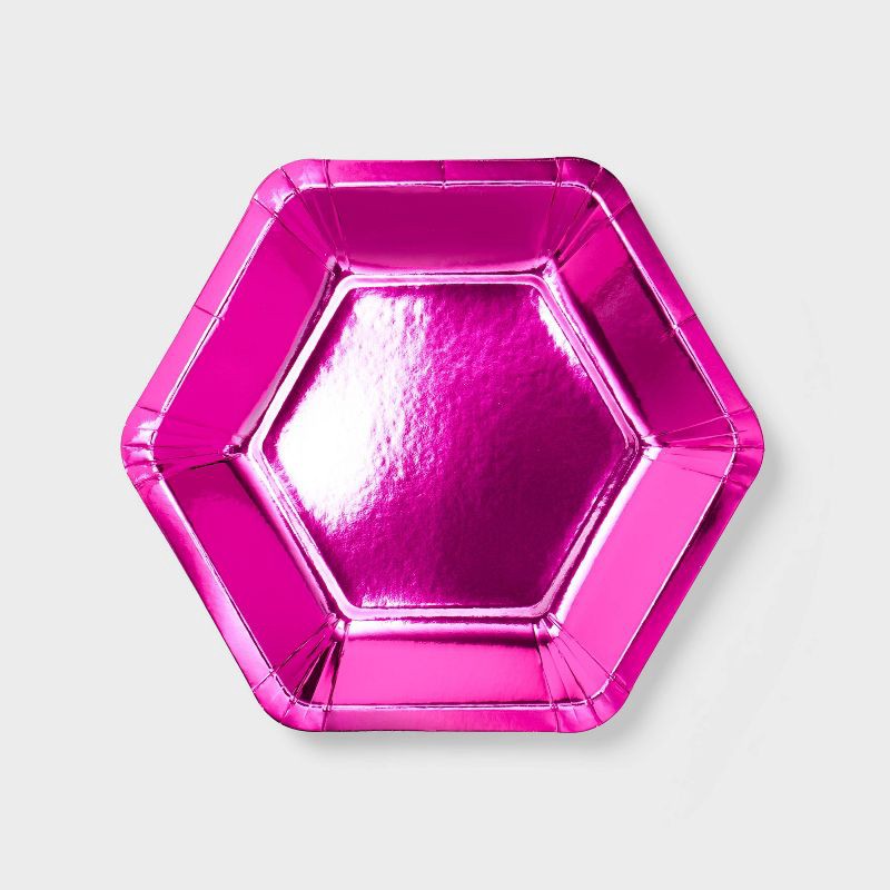 slide 1 of 3, 10ct Hot Pink Metallic Hex Shaped Snack Plates - Spritz™, 10 ct