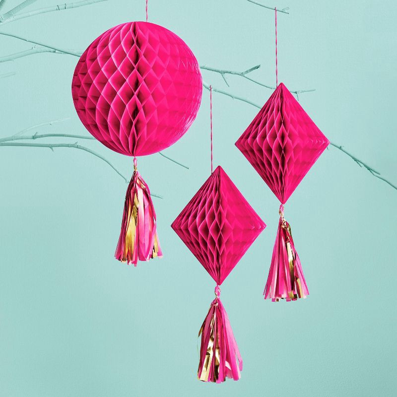 slide 2 of 3, 3ct Hot Pink Tassel Honeycombs - Spritz™, 3 ct
