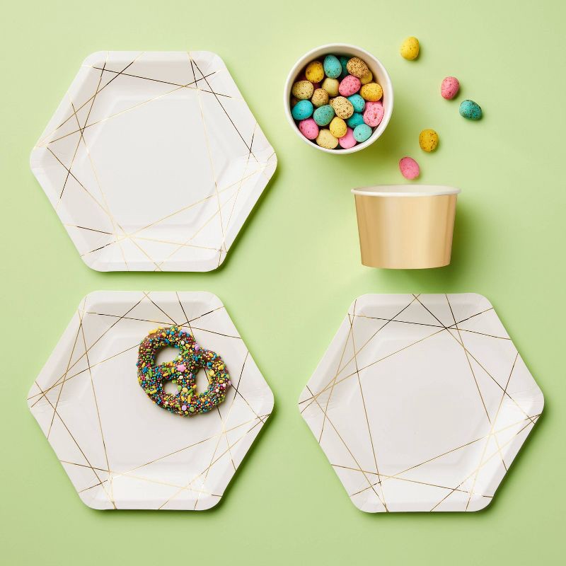 slide 2 of 3, 10ct Geo Print Hex Snack Plates Gold White - Spritz™, 10 ct