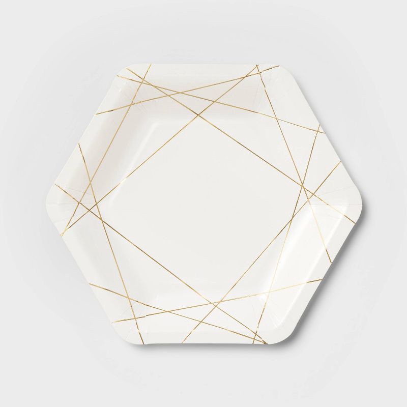 slide 1 of 3, 10ct Geo Print Hex Snack Plates Gold White - Spritz™, 10 ct