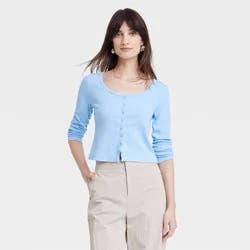 Women's Slim Fit Long Sleeve Button-Front T-Shirt - A New Day™ Light Blue XS