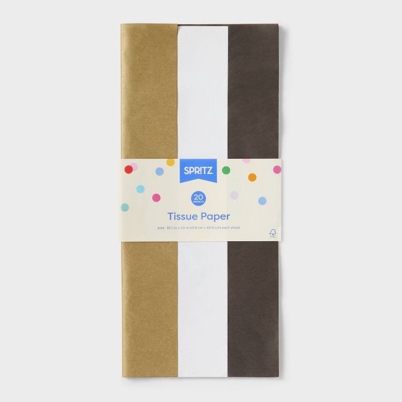 slide 3 of 3, 20ct Tissue Paper Gold/White/Brown - Spritz™: Solid Gift Packaging, 16.5" x 24", 20 Sheets, Black Tissue, 20 ct, 20 sheets