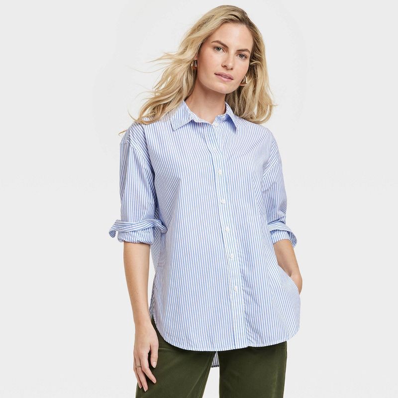 slide 1 of 3, Women's Oversized Long Sleeve Collared Button-Down Shirt - Universal Thread™ Blue Striped XL, 1 ct