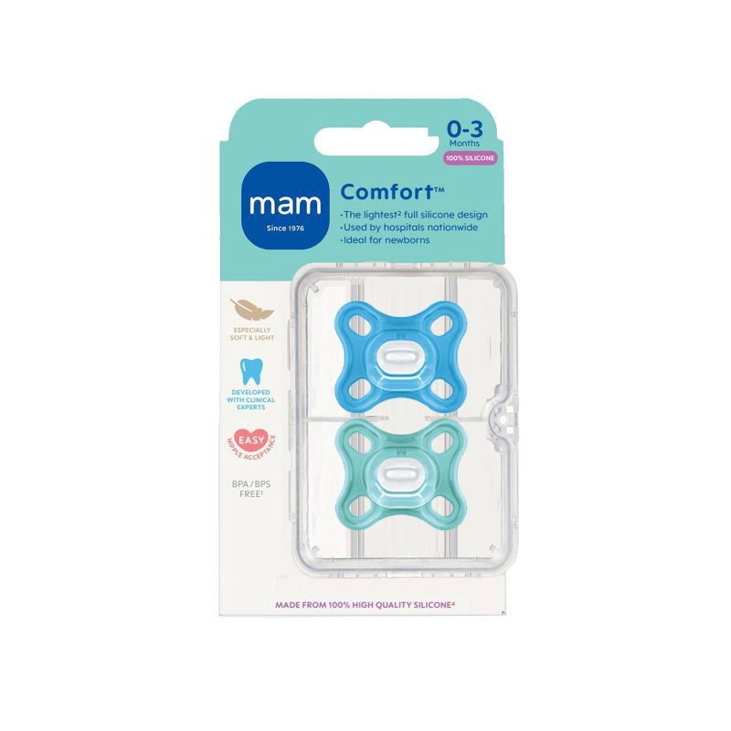 slide 2 of 8, MAM Comfort 1 Newborn Lightweight Silicone Pacifier - Boy - 2pk, 2 ct