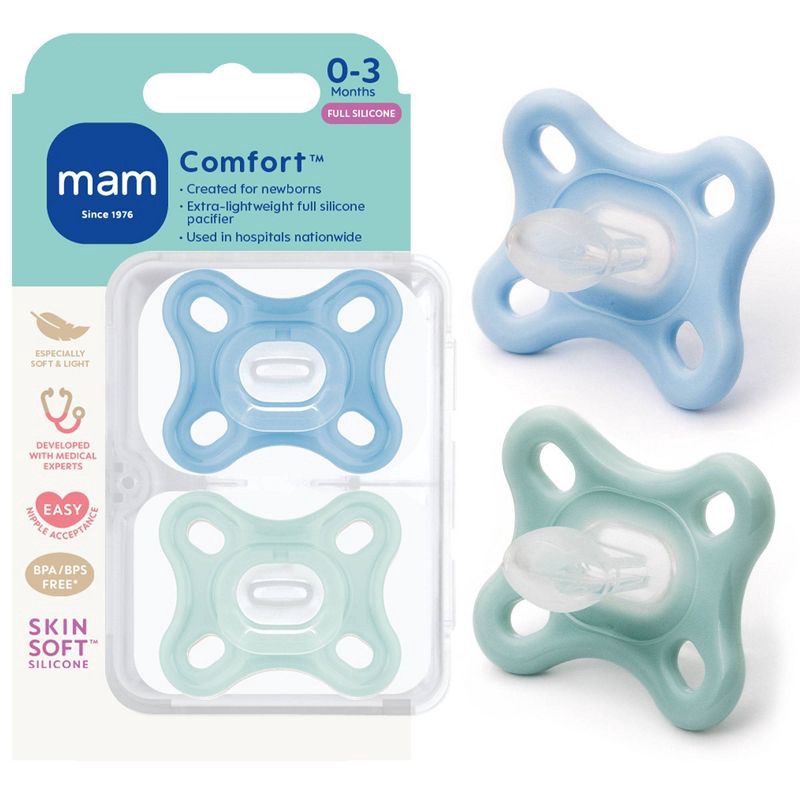 slide 1 of 8, MAM Comfort Pacifiers 0+- Boy - 2pk: Silicone, BPA-Free, 2 ct