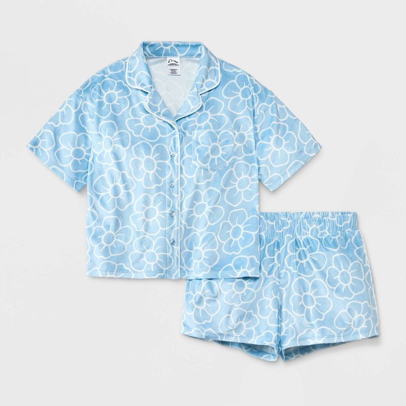 slide 1 of 3, Girls' Short Sleeve Button Up Pajama Set - art class™ Blue S, 1 ct