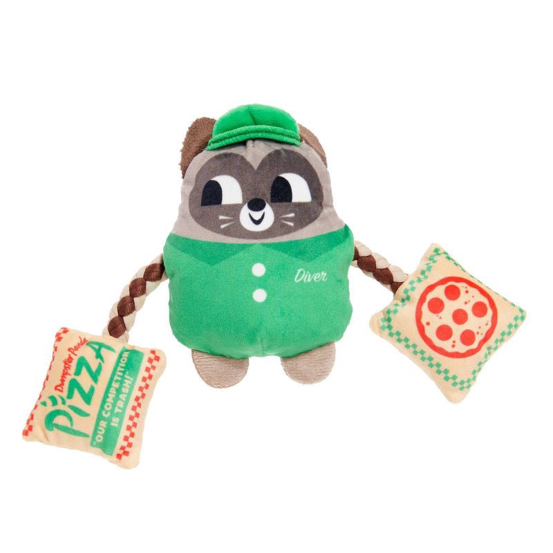 slide 1 of 7, BARK Pizza Delivery Raccoon Dog Plush Toy, 1 ct