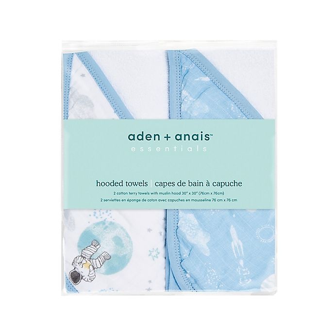 slide 2 of 2, aden + anais essentials Space Hooded Towels - Blue, 2 ct