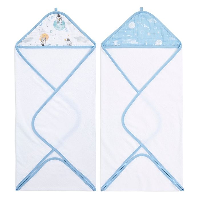 slide 1 of 2, aden + anais essentials Space Hooded Towels - Blue, 2 ct
