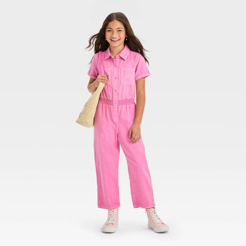 slide 3 of 3, Girls' Short Sleeve Utility Jumpsuit - Cat & Jack Pink M, 1 ct