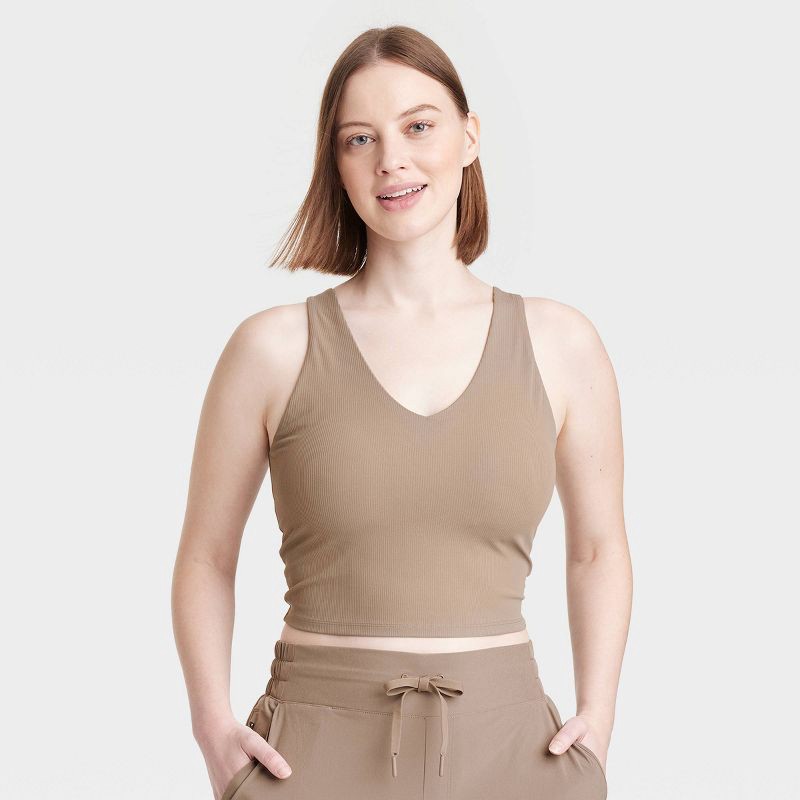 Women's Flex Light Support Rib V-Neck Crop Sports Bra - All In Motion™  Taupe L 1 ct