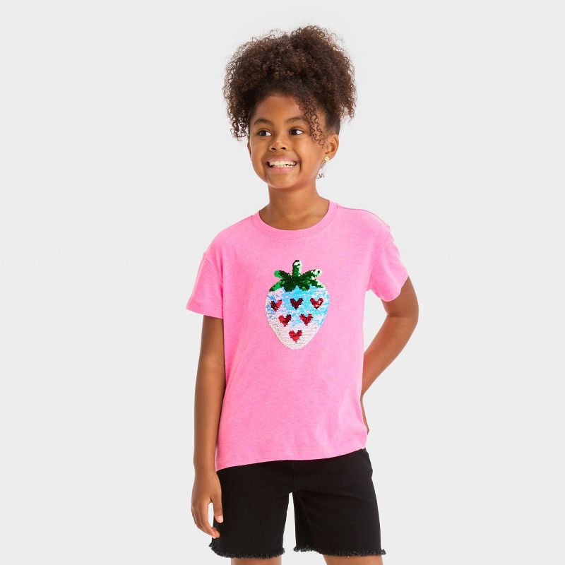 slide 2 of 4, Girls' Flip Sequin 'strawberry' Short Sleeve Graphic T-Shirt - Cat & Jack™ Neon Pink XS, 1 ct