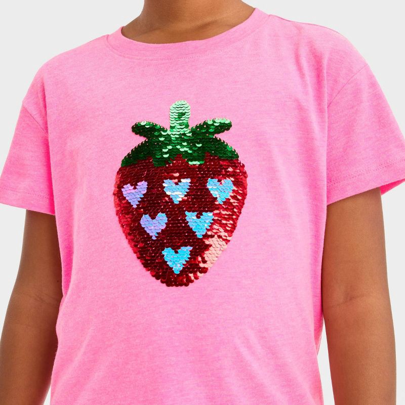 slide 3 of 4, Girls' Flip Sequin 'strawberry' Short Sleeve Graphic T-Shirt - Cat & Jack™ Neon Pink XS, 1 ct