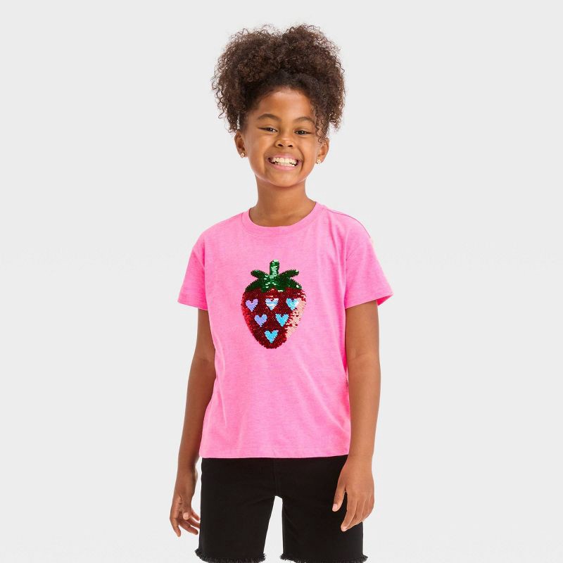 slide 1 of 4, Girls' Flip Sequin 'strawberry' Short Sleeve Graphic T-Shirt - Cat & Jack™ Neon Pink XS, 1 ct
