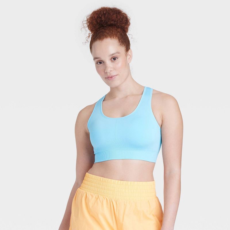 Women's Seamless Medium Support Racerback Midline Sports Bra - All In  Motion™ Light Blue L