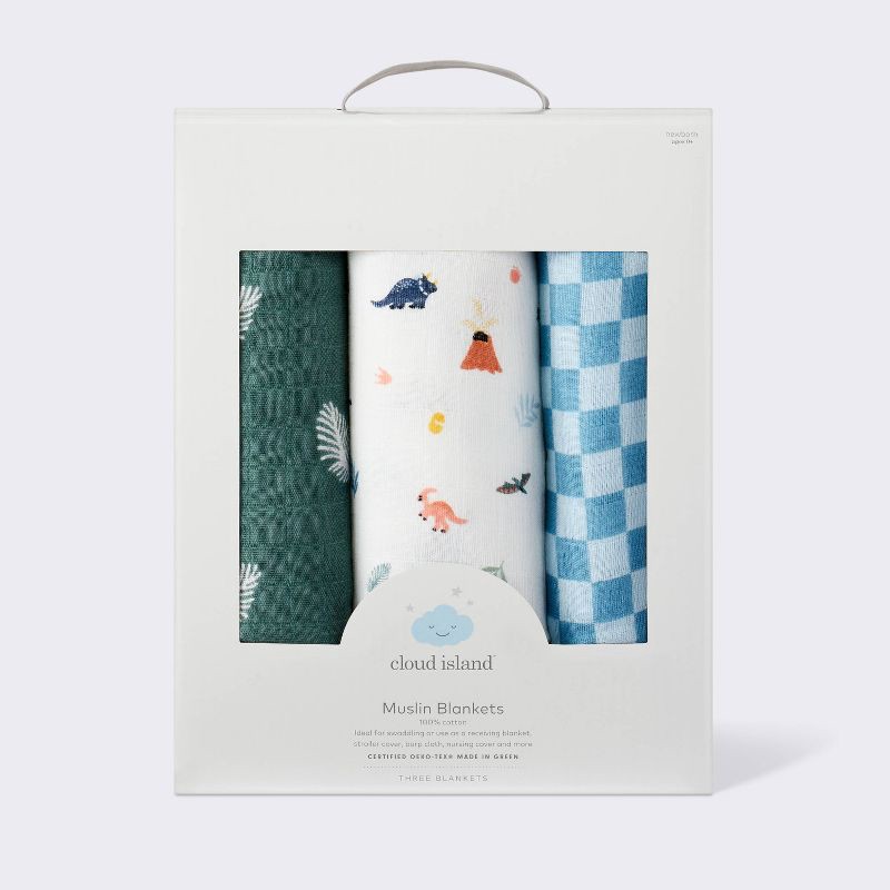 slide 4 of 4, Muslin Swaddle Baby Blanket - Dino Check - 3pk - Cloud Island™, 3 ct