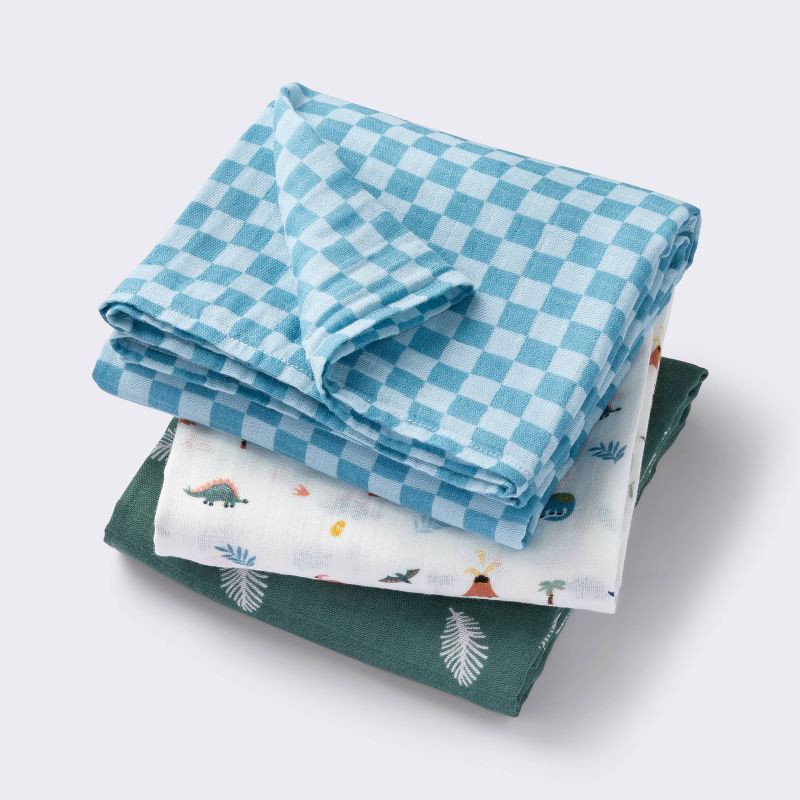 slide 1 of 4, Muslin Swaddle Baby Blanket - Dino Check - 3pk - Cloud Island™, 3 ct