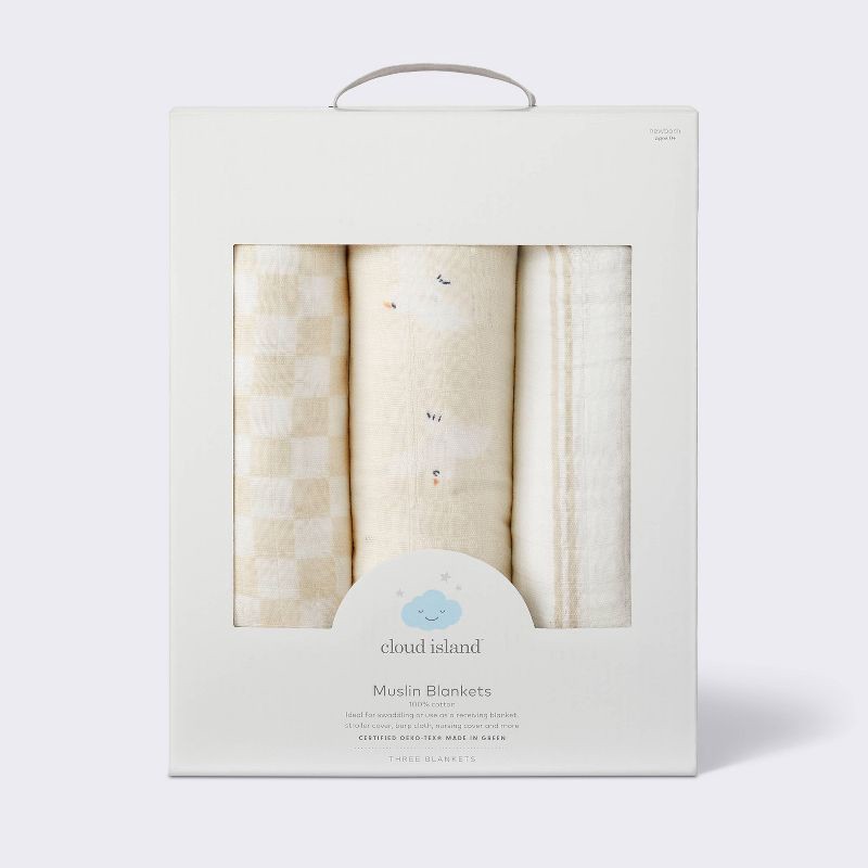 slide 4 of 4, Muslin Swaddle Baby Blanket - Birds Stripes - 3pk - Cloud Island™, 3 ct