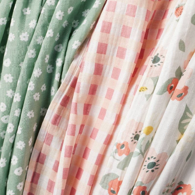 slide 3 of 4, Muslin Swaddle Baby Blanket - Floral Gingham - 3pk - Cloud Island™, 3 ct