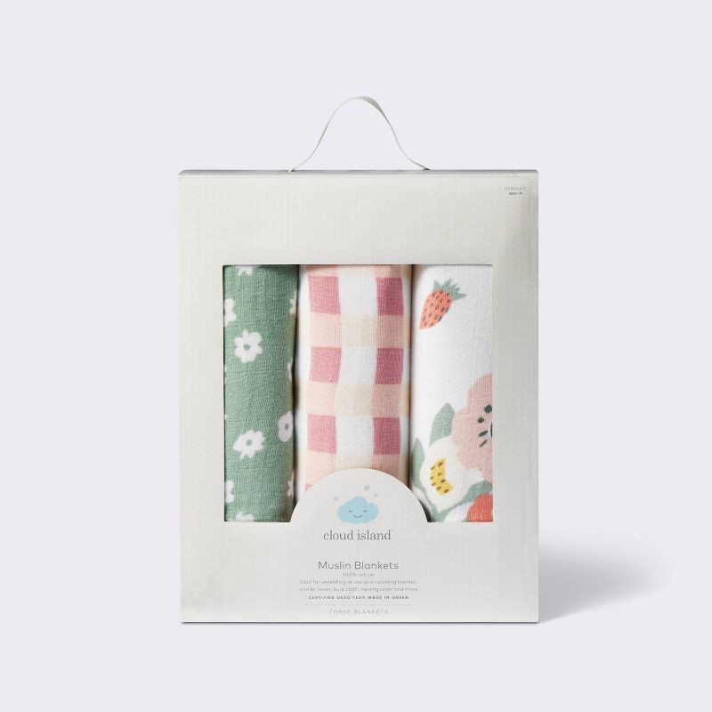 slide 4 of 4, Muslin Swaddle Baby Blanket - Floral Gingham - 3pk - Cloud Island™, 3 ct