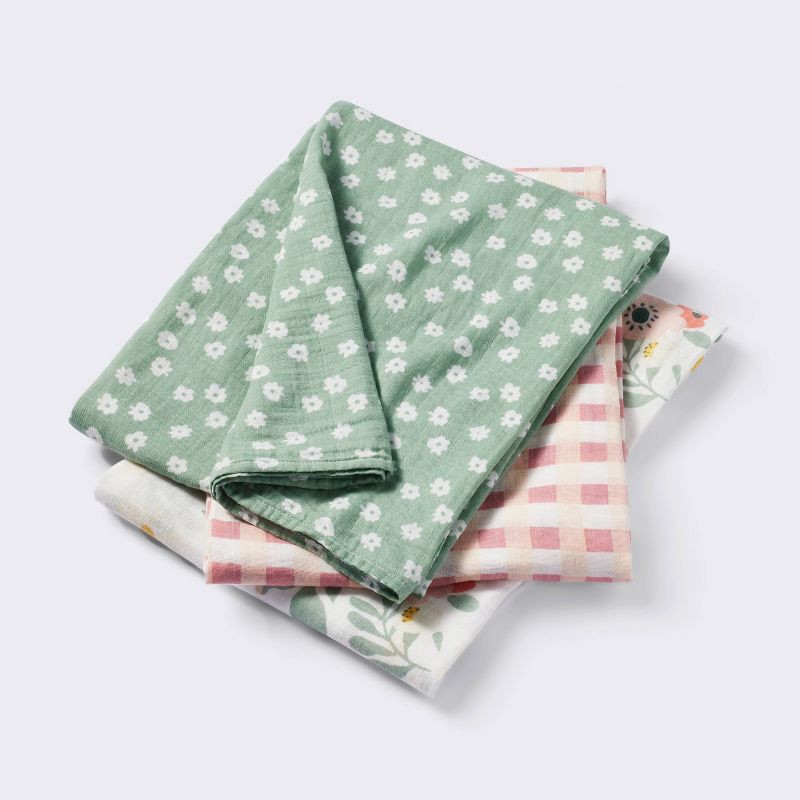 slide 1 of 4, Muslin Swaddle Baby Blanket - Floral Gingham - 3pk - Cloud Island™, 3 ct