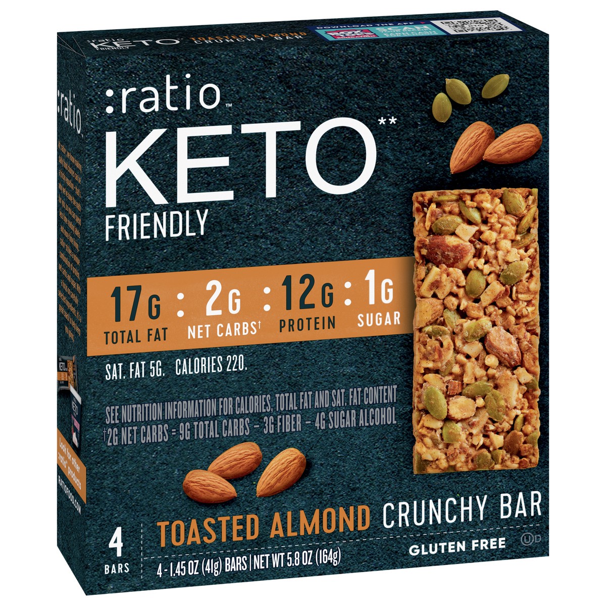 slide 2 of 9, :ratio Crunchy Bar, Toasted Almond, 12g Protein, Keto Friendly, 5.8 OZ (4 Bars), 4 ct