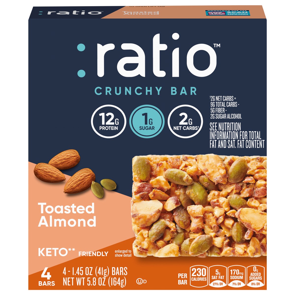slide 1 of 9, :ratio Crunchy Bar, Toasted Almond, 12g Protein, Keto Friendly, 5.8 OZ (4 Bars), 4 ct