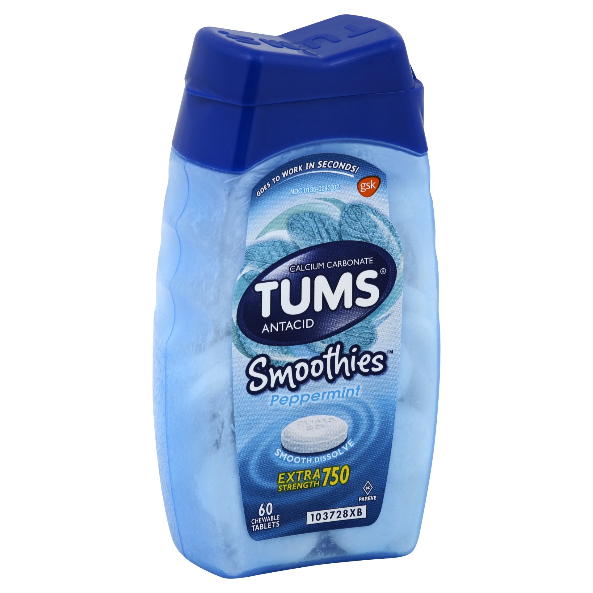 slide 1 of 1, Tums Peppermint Smoothies Extra Strength Antacid Tablets, 60 ct