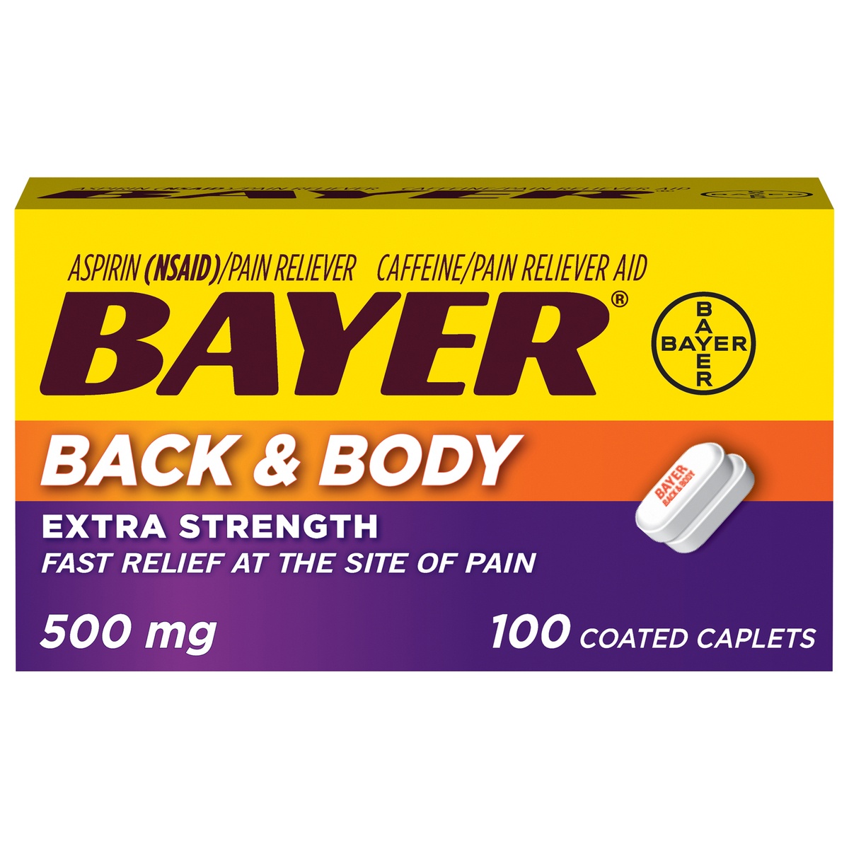 slide 1 of 1, Bayer Extra Strength Back And Body Pain Reliever Caplets Tablets - Aspirin, 100 ct