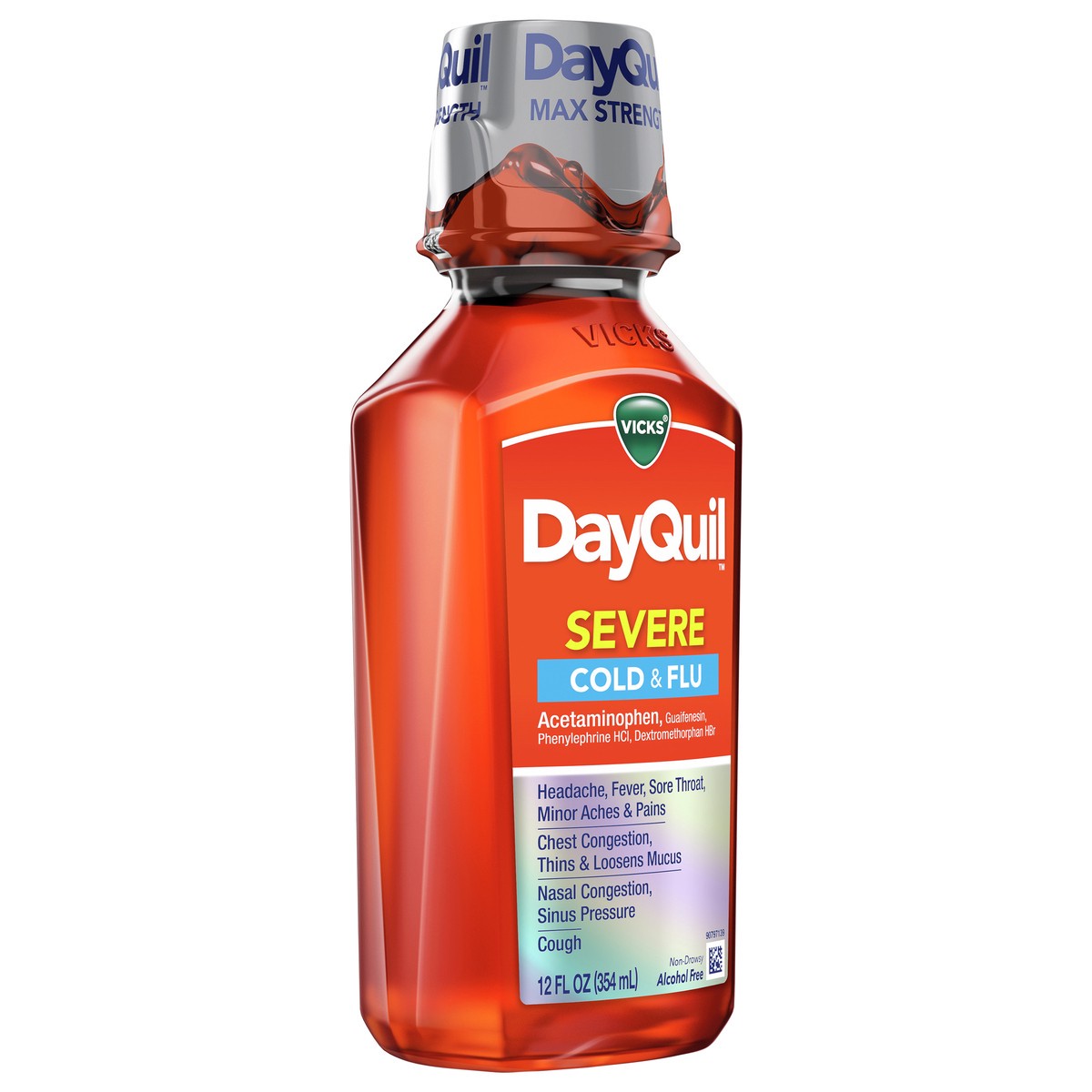 slide 5 of 7, Vicks DayQuil SEVERE Cold & Flu Relief Liquid Over-the-Counter Medicine, Powerful, Multi-Symptom Non-Drowsy Daytime Relief for Headache, Fever, Sore Throat, Minor Aches & Pains, Chest Congestion, Stuffy Nose, Nasal Congestion, Sinus Pressure, & Cough, 12O, 12 fl oz