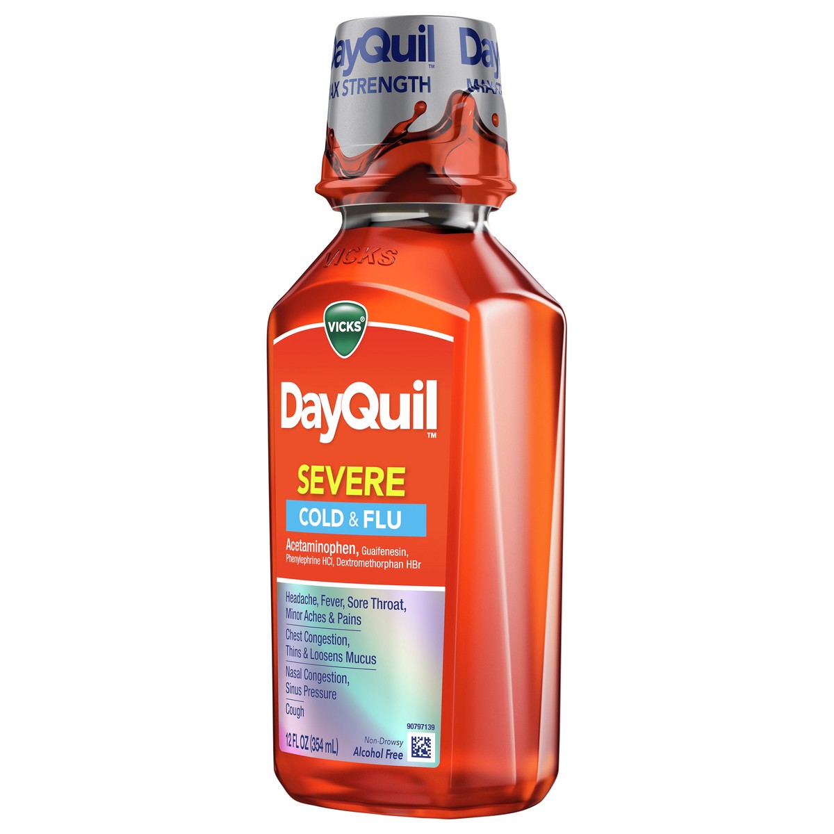 slide 4 of 7, Vicks DayQuil SEVERE Cold & Flu Relief Liquid Over-the-Counter Medicine, Powerful, Multi-Symptom Non-Drowsy Daytime Relief for Headache, Fever, Sore Throat, Minor Aches & Pains, Chest Congestion, Stuffy Nose, Nasal Congestion, Sinus Pressure, & Cough, 12O, 12 fl oz