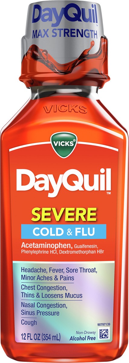 slide 2 of 7, Vicks DayQuil SEVERE Cold & Flu Relief Liquid Over-the-Counter Medicine, Powerful, Multi-Symptom Non-Drowsy Daytime Relief for Headache, Fever, Sore Throat, Minor Aches & Pains, Chest Congestion, Stuffy Nose, Nasal Congestion, Sinus Pressure, & Cough, 12O, 12 fl oz