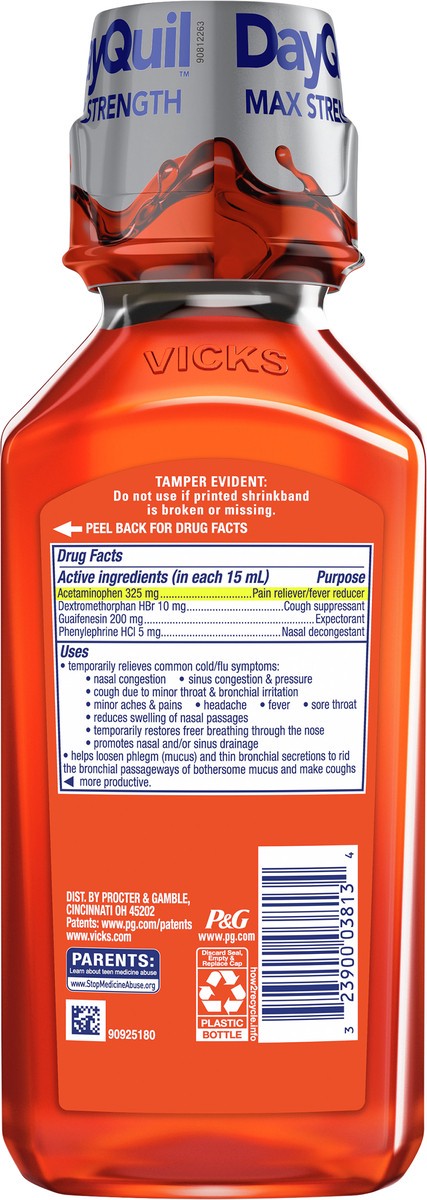 slide 6 of 7, Vicks DayQuil SEVERE Cold & Flu Relief Liquid Over-the-Counter Medicine, Powerful, Multi-Symptom Non-Drowsy Daytime Relief for Headache, Fever, Sore Throat, Minor Aches & Pains, Chest Congestion, Stuffy Nose, Nasal Congestion, Sinus Pressure, & Cough, 12O, 12 fl oz