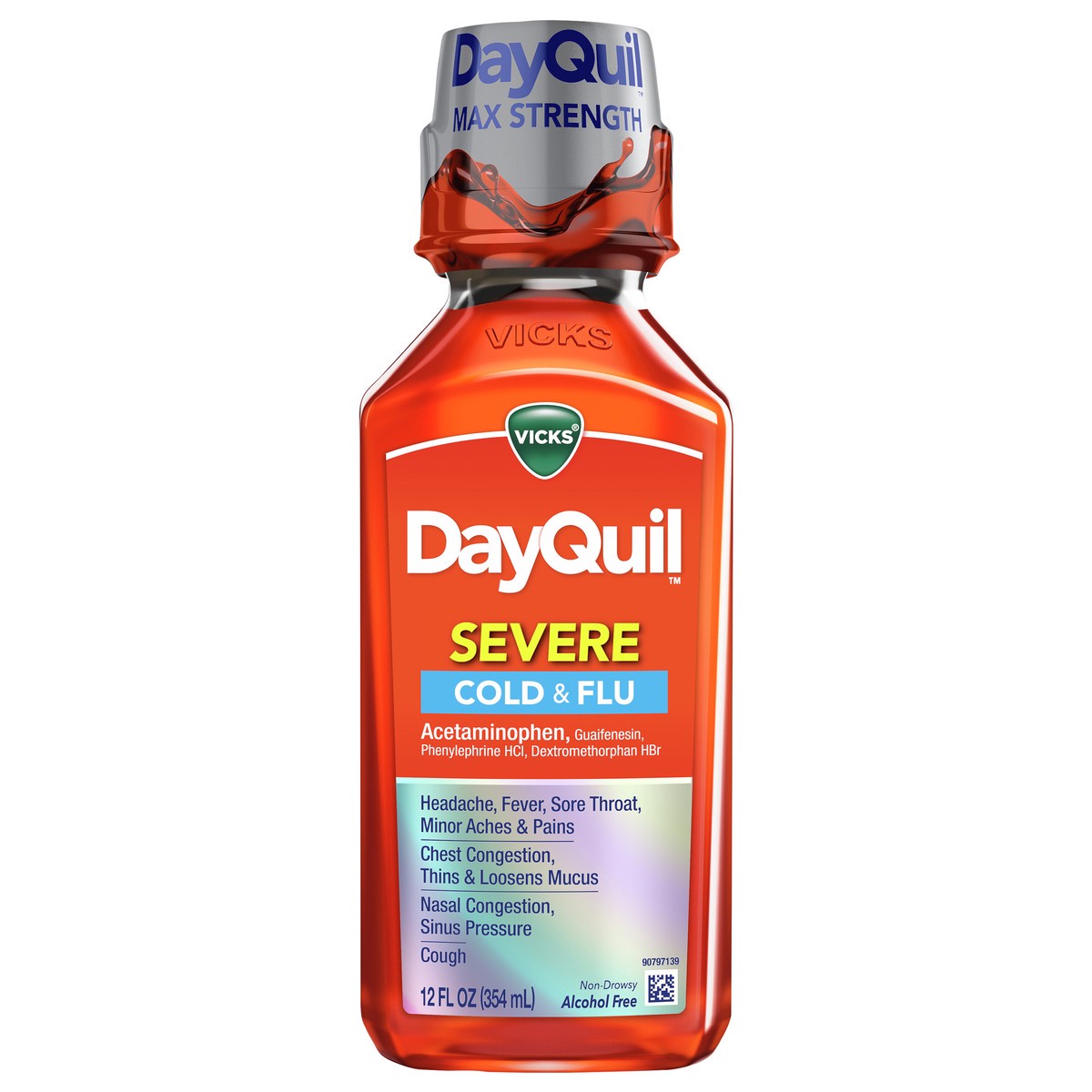 slide 3 of 7, Vicks DayQuil SEVERE Cold & Flu Relief Liquid Over-the-Counter Medicine, Powerful, Multi-Symptom Non-Drowsy Daytime Relief for Headache, Fever, Sore Throat, Minor Aches & Pains, Chest Congestion, Stuffy Nose, Nasal Congestion, Sinus Pressure, & Cough, 12O, 12 fl oz