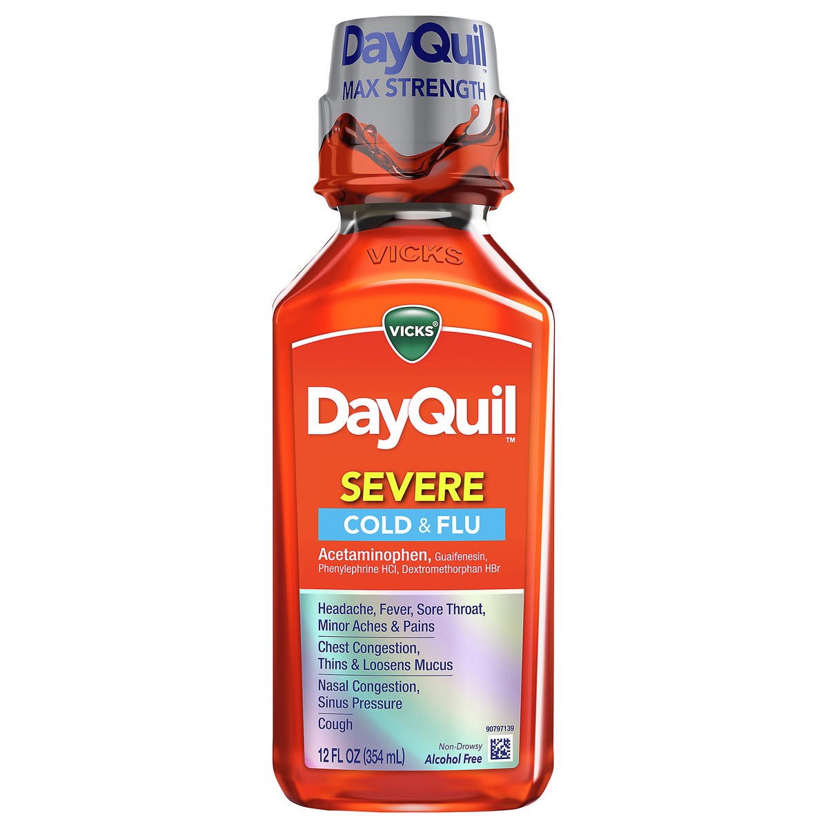 slide 1 of 7, Vicks DayQuil SEVERE Cold & Flu Relief Liquid Over-the-Counter Medicine, Powerful, Multi-Symptom Non-Drowsy Daytime Relief for Headache, Fever, Sore Throat, Minor Aches & Pains, Chest Congestion, Stuffy Nose, Nasal Congestion, Sinus Pressure, & Cough, 12O, 12 fl oz