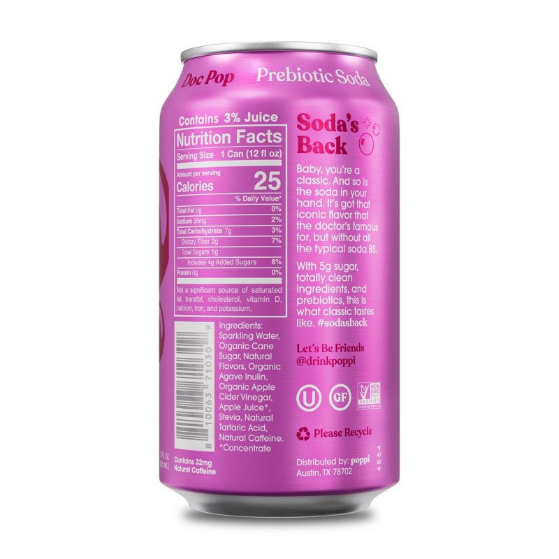 slide 2 of 6, Poppi Doc Pop Prebiotic Soda - 12 fl oz Can, 12 fl oz